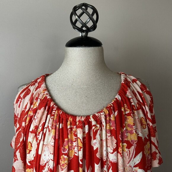 Free People Baja‎ Babe Red Floral Print Tie Back Cold Shoulder Tee Top Jersey XS - Picture 5 of 16